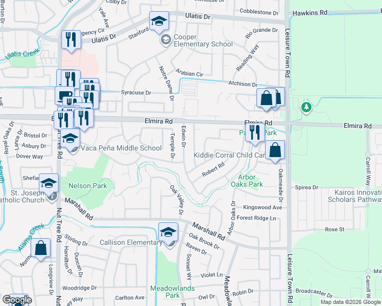 map of restaurants, bars, coffee shops, grocery stores, and more near 183 Edwin Drive in Vacaville