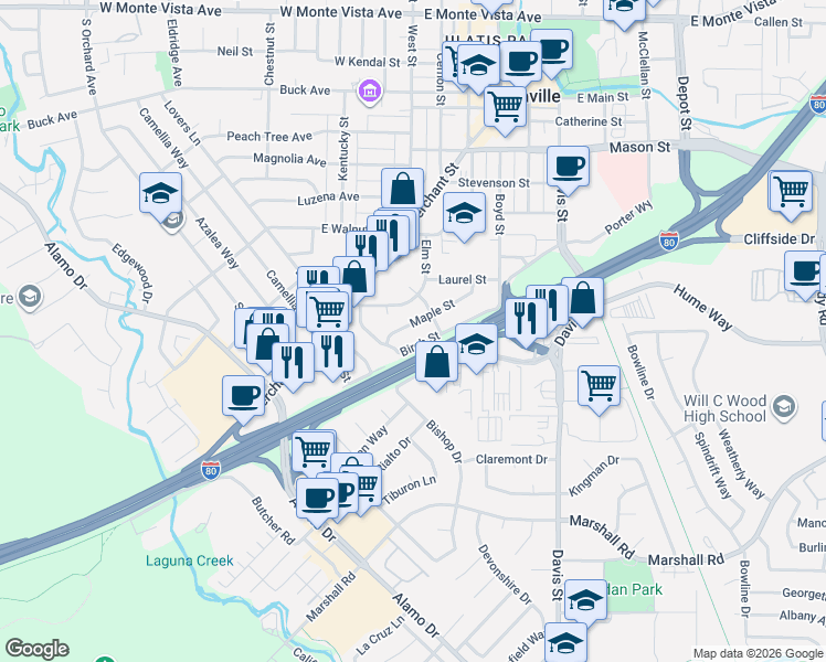 map of restaurants, bars, coffee shops, grocery stores, and more near 114 Birch Street in Vacaville