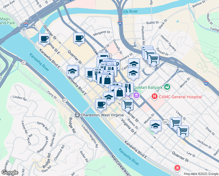 map of restaurants, bars, coffee shops, grocery stores, and more near 218 Dickinson Street in Charleston