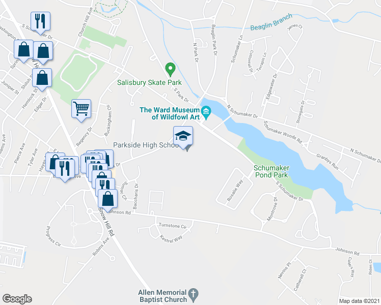 map of restaurants, bars, coffee shops, grocery stores, and more near 1015 Beaglin Park Drive in Salisbury