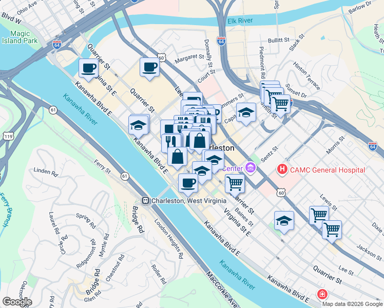 map of restaurants, bars, coffee shops, grocery stores, and more near Quarrier Street in Charleston