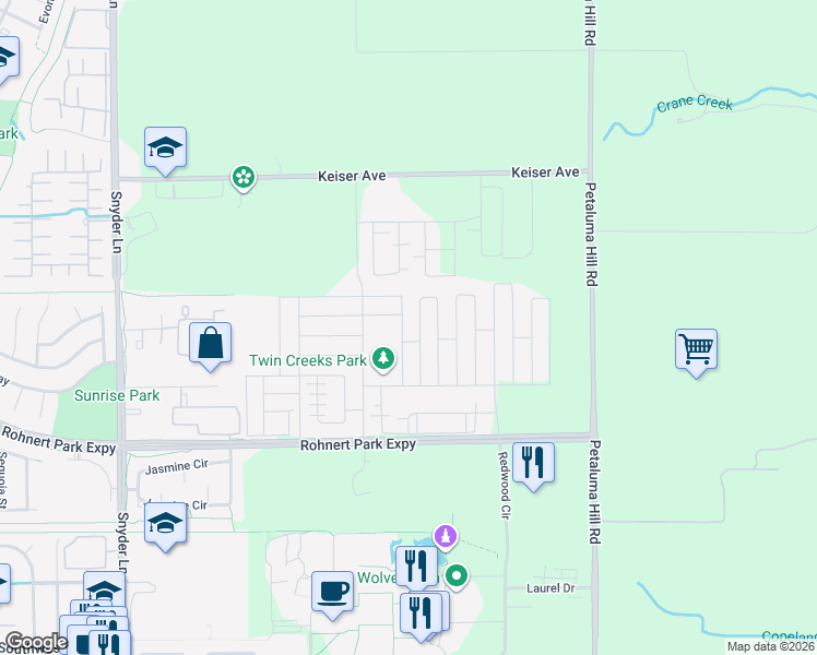 map of restaurants, bars, coffee shops, grocery stores, and more near 5532 Kenneth Place in Rohnert Park