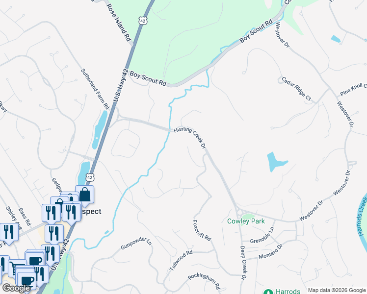map of restaurants, bars, coffee shops, grocery stores, and more near 7006 Foxcroft Place in Prospect