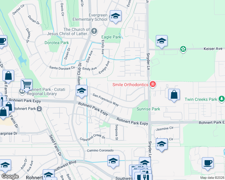 map of restaurants, bars, coffee shops, grocery stores, and more near 6195 Santa Clara Place in Rohnert Park