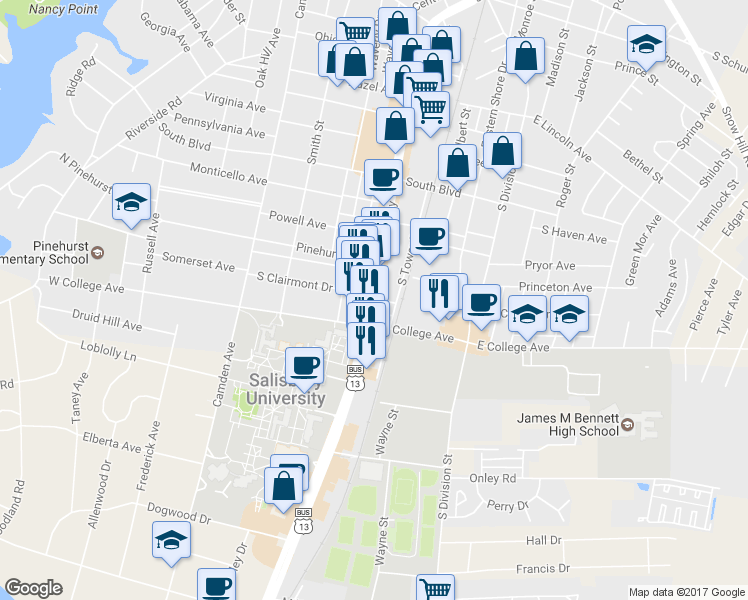 map of restaurants, bars, coffee shops, grocery stores, and more near 1025 S Salisbury Blvd in Salisbury