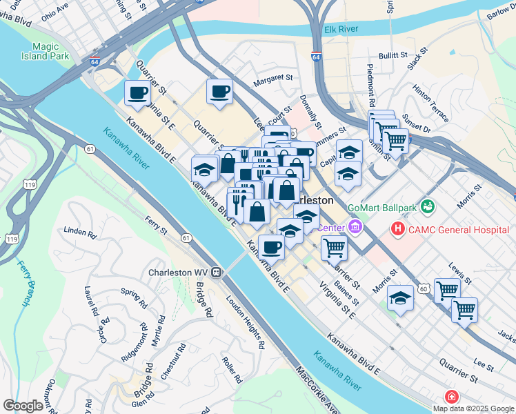map of restaurants, bars, coffee shops, grocery stores, and more near 112 Capitol Street in Charleston