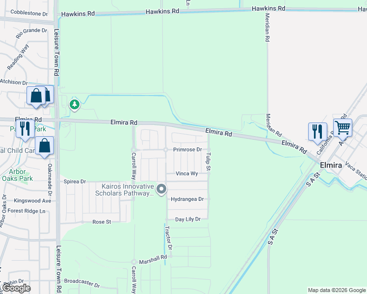 map of restaurants, bars, coffee shops, grocery stores, and more near 407 Alyssum Drive in Vacaville