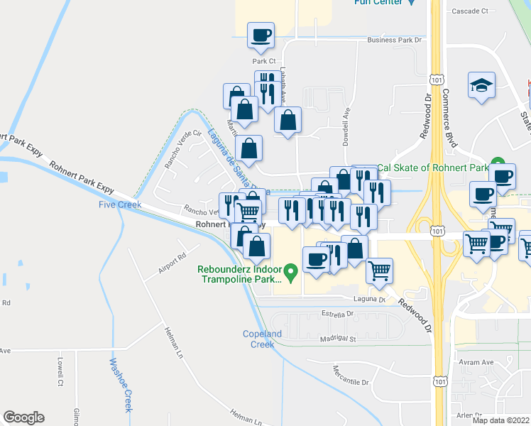 map of restaurants, bars, coffee shops, grocery stores, and more near 600 Rohnert Park Expressway in Rohnert Park