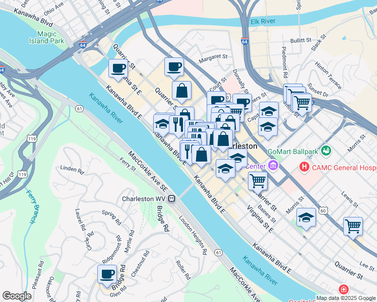 map of restaurants, bars, coffee shops, grocery stores, and more near 726 Kanawha Boulevard East in Charleston