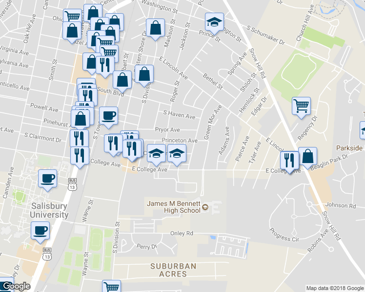 map of restaurants, bars, coffee shops, grocery stores, and more near 1005 Cecil Street in Salisbury