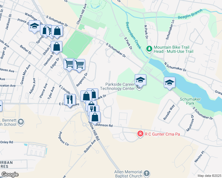 map of restaurants, bars, coffee shops, grocery stores, and more near 801 College Lane in Salisbury