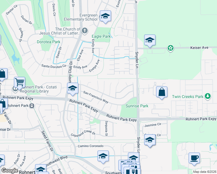 map of restaurants, bars, coffee shops, grocery stores, and more near 6196 San Carlos Court in Rohnert Park
