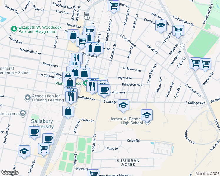 map of restaurants, bars, coffee shops, grocery stores, and more near 1005 John Street in Salisbury