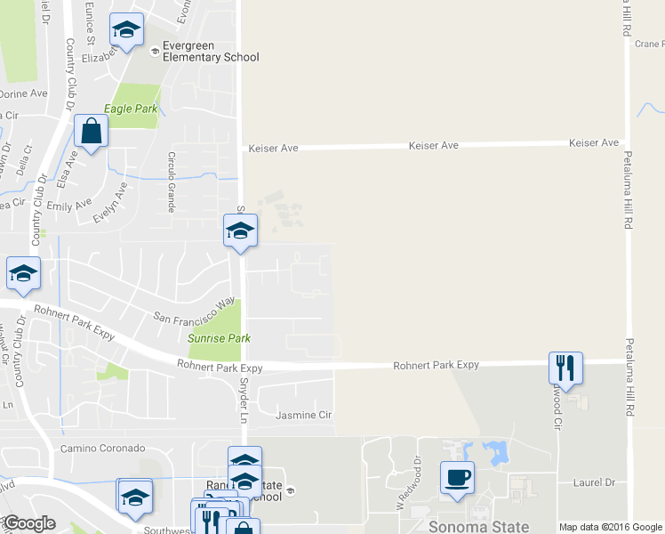 map of restaurants, bars, coffee shops, grocery stores, and more near 1482 Parkway Drive in Rohnert Park