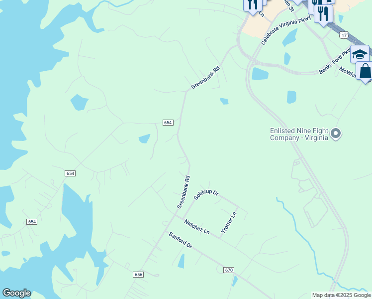 map of restaurants, bars, coffee shops, grocery stores, and more near 219 Greenbank Road in Fredericksburg