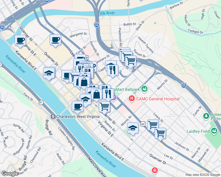 map of restaurants, bars, coffee shops, grocery stores, and more near 1000 ዋሺንግቶን መንገድ ምስራቅ in Charleston