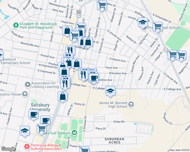 map of restaurants, bars, coffee shops, grocery stores, and more near 106 Carrollton Avenue in Salisbury