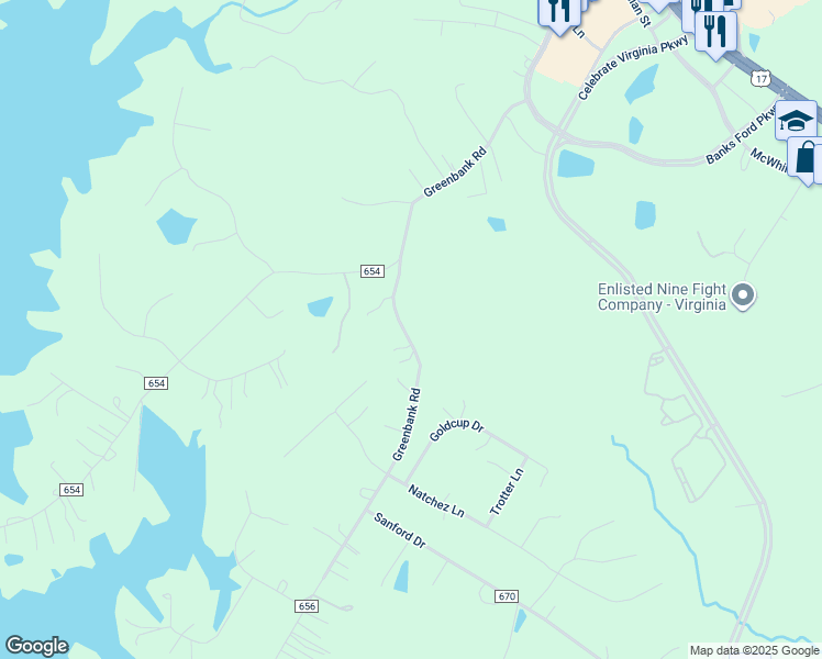 map of restaurants, bars, coffee shops, grocery stores, and more near 219 Greenbank Road in Fredericksburg