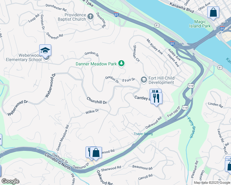 map of restaurants, bars, coffee shops, grocery stores, and more near 605 Churchill Drive in Charleston
