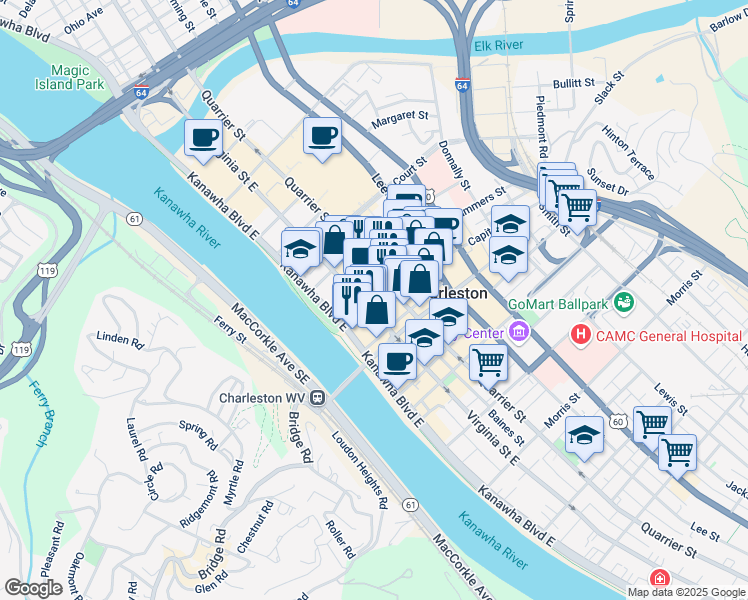 map of restaurants, bars, coffee shops, grocery stores, and more near 30 Capitol Street in Charleston