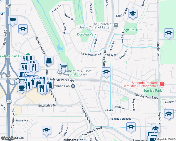 map of restaurants, bars, coffee shops, grocery stores, and more near 639 Racquet Club Circle in Rohnert Park