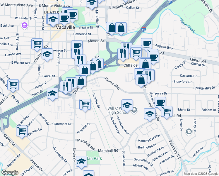 map of restaurants, bars, coffee shops, grocery stores, and more near 843 Studding Sail Street in Vacaville