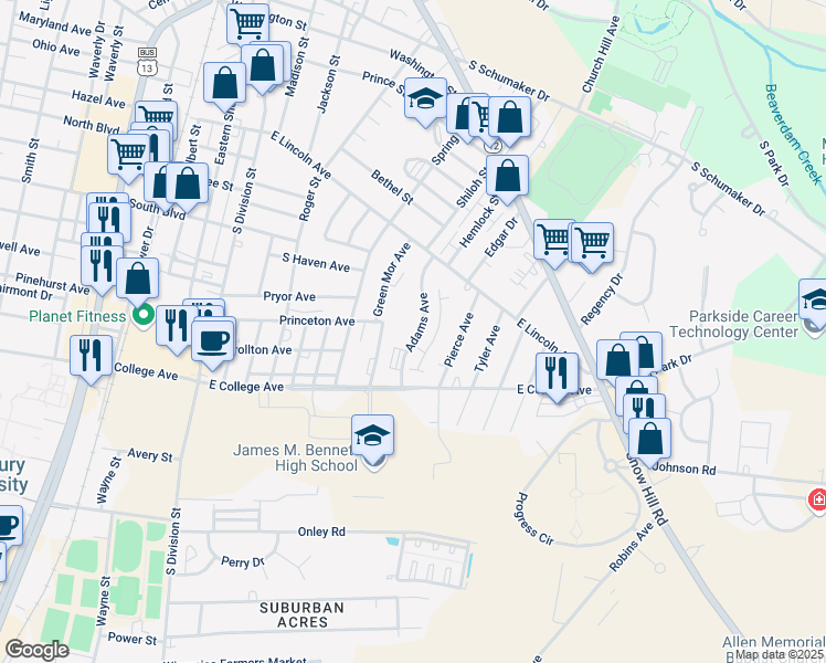 map of restaurants, bars, coffee shops, grocery stores, and more near 1021 Adams Avenue in Salisbury