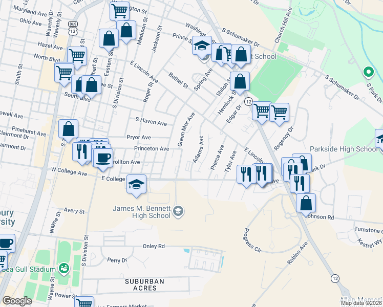 map of restaurants, bars, coffee shops, grocery stores, and more near 1021 Adams Avenue in Salisbury