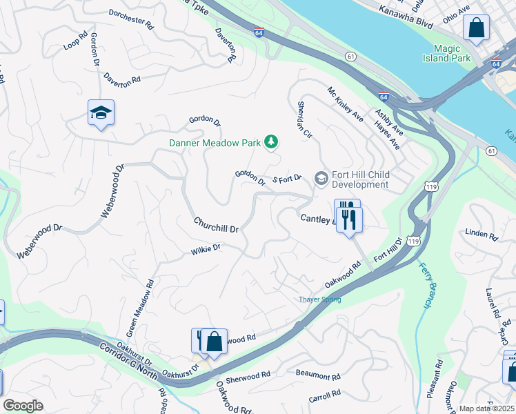 map of restaurants, bars, coffee shops, grocery stores, and more near 605 Churchill Drive in Charleston