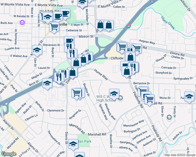 map of restaurants, bars, coffee shops, grocery stores, and more near 843 Studding Sail Street in Vacaville