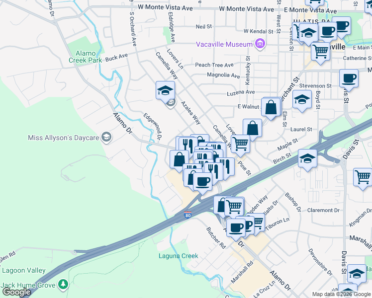 map of restaurants, bars, coffee shops, grocery stores, and more near 741 Alamo Drive in Vacaville