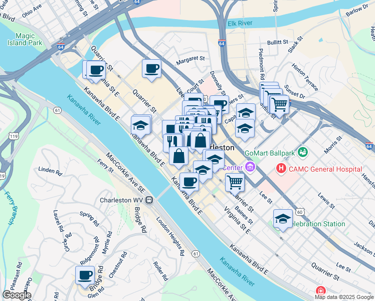 map of restaurants, bars, coffee shops, grocery stores, and more near 901 Quarrier Street in Charleston