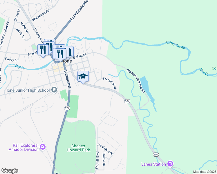 map of restaurants, bars, coffee shops, grocery stores, and more near 700 Foothill Boulevard in Ione
