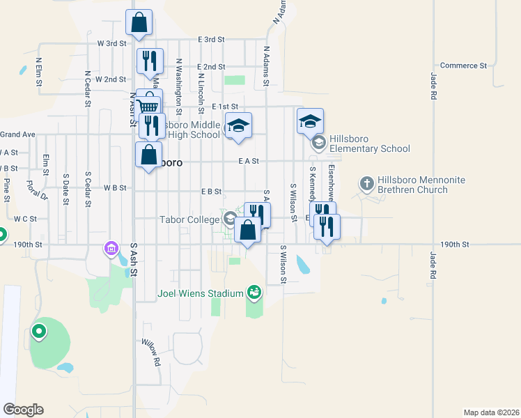 map of restaurants, bars, coffee shops, grocery stores, and more near 549-599 E C St in Hillsboro