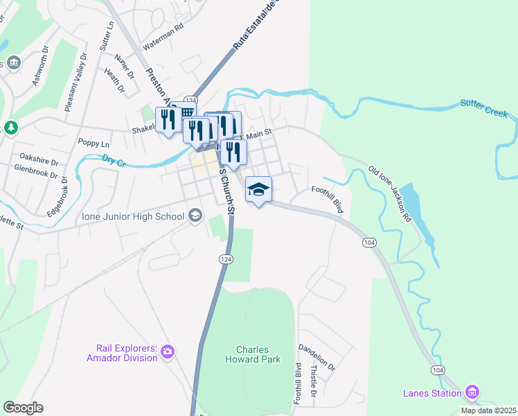 map of restaurants, bars, coffee shops, grocery stores, and more near 415 South Ione Street in Ione