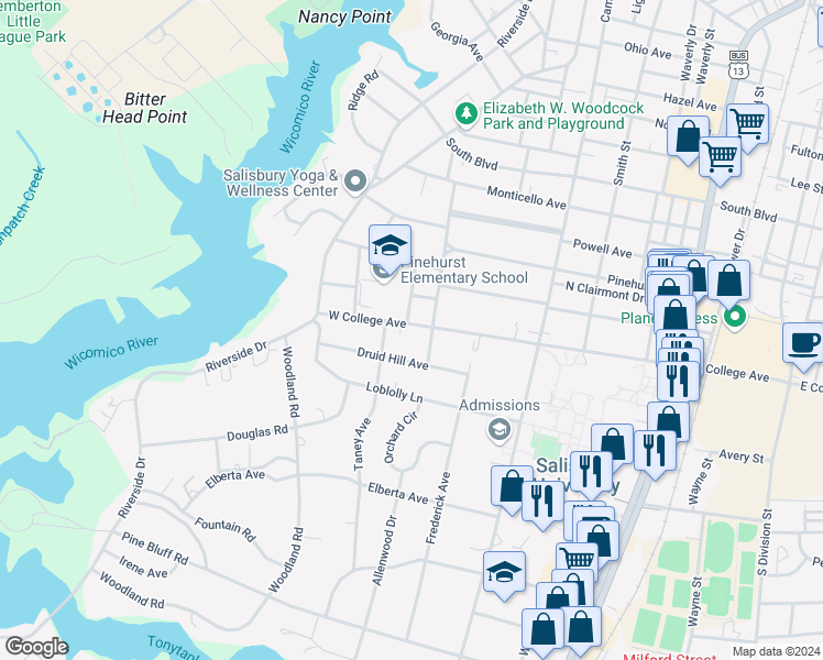 map of restaurants, bars, coffee shops, grocery stores, and more near 502 West College Avenue in Salisbury