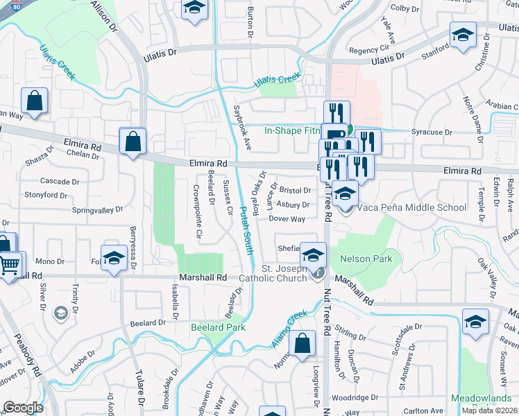 map of restaurants, bars, coffee shops, grocery stores, and more near 100 Dover Way in Vacaville