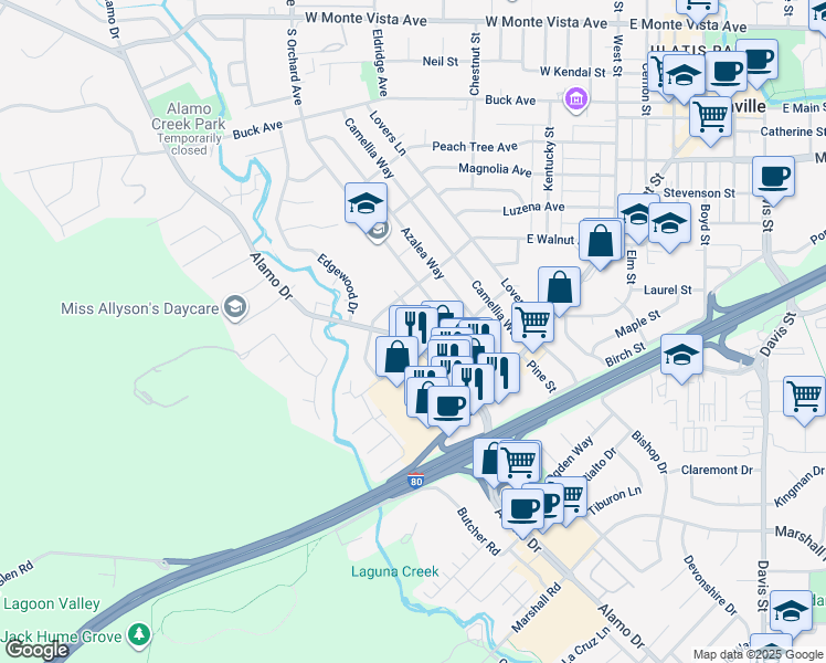 map of restaurants, bars, coffee shops, grocery stores, and more near 795 Alamo Drive in Vacaville