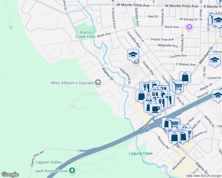 map of restaurants, bars, coffee shops, grocery stores, and more near 707 Hillview Court in Vacaville