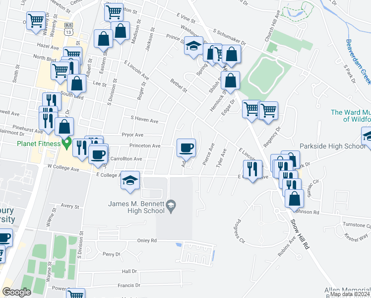 map of restaurants, bars, coffee shops, grocery stores, and more near 1021 Adams Avenue in Salisbury