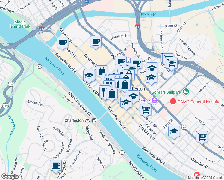 map of restaurants, bars, coffee shops, grocery stores, and more near 30 Capitol Street in Charleston