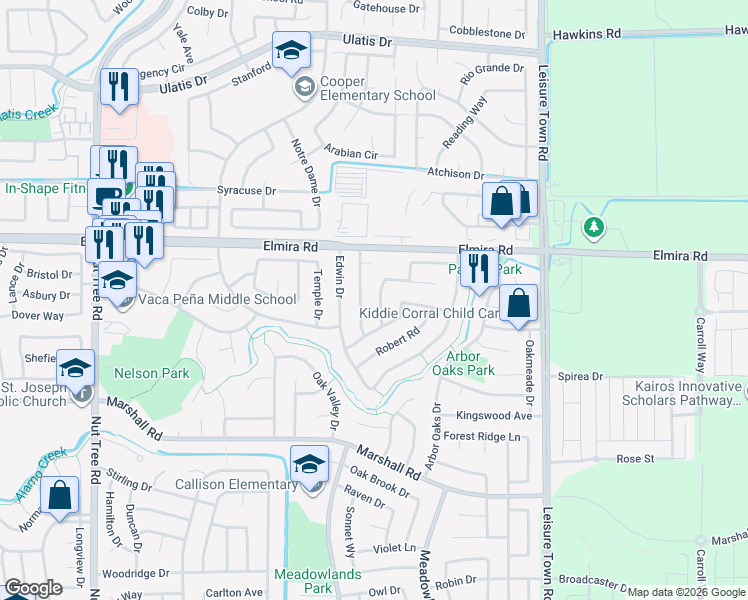map of restaurants, bars, coffee shops, grocery stores, and more near 107 Richard Place in Vacaville