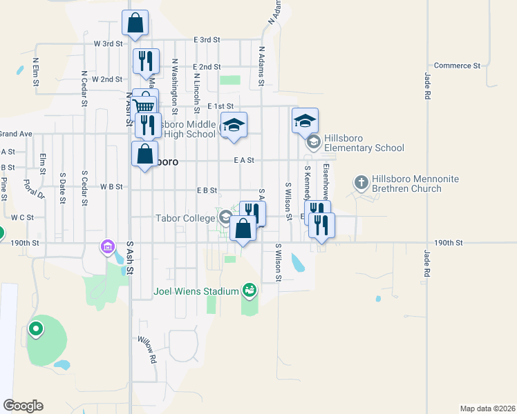map of restaurants, bars, coffee shops, grocery stores, and more near 549 East C Street in Hillsboro