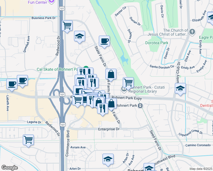 map of restaurants, bars, coffee shops, grocery stores, and more near City Center Drive in Rohnert Park