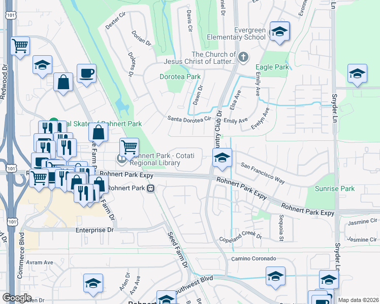 map of restaurants, bars, coffee shops, grocery stores, and more near 716 Racquet Club Circle in Rohnert Park