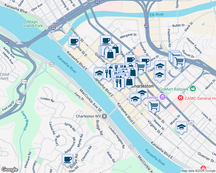map of restaurants, bars, coffee shops, grocery stores, and more near 600 Kanawha Boulevard East in Charleston