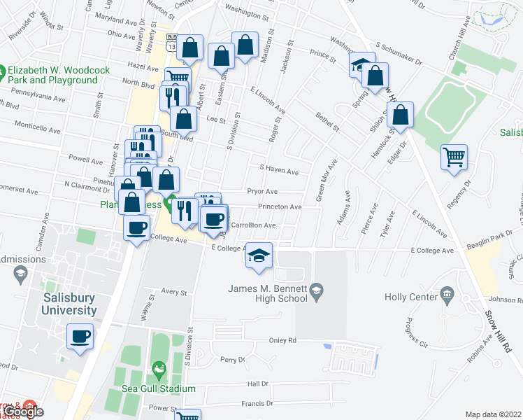map of restaurants, bars, coffee shops, grocery stores, and more near 304 Princeton Avenue in Salisbury