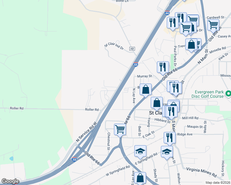 map of restaurants, bars, coffee shops, grocery stores, and more near 298 North Service Road West in Saint Clair