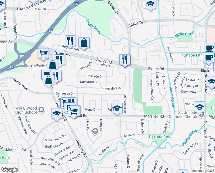 map of restaurants, bars, coffee shops, grocery stores, and more near 301 Springvalley Drive in Vacaville