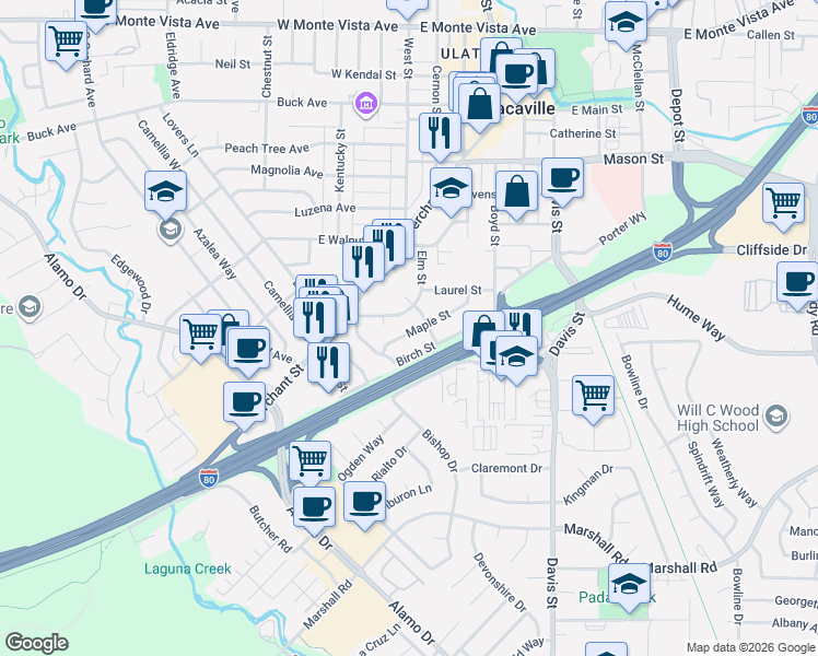 map of restaurants, bars, coffee shops, grocery stores, and more near 212 Elm Street in Vacaville